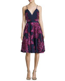 Sleeveless Chiffon Dress W/Embellished Flowers, Navy Multi 