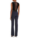 Velvet Illusion-Front Sleeveless Jumpsuit, Black/Midnight