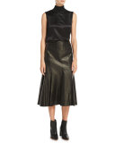 Aria Lamb Leather Godet Midi Skirt, Black