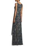 Sleeveless Floral High-Low Cocktail Dress, Black/Multicolor