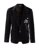 Rose-Embroidered Two-Button Velvet Jacket, Charcoal