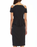 Embellished-Neck Peplum Sheath Dress, Black