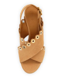 Eyelet-Studded Suede Sandal, Angora Beige