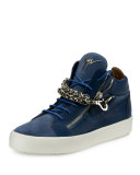 Men's Suede & Leather Mid-Top Sneaker w/Chain Link Strap, Blue