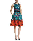 Mixed-Media Fit-&-Flare Dress, Teal/Poppy