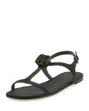 Dephine Crystal Logo Flat Sandal, Black