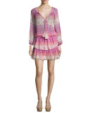 Batik-Print Georgette Ruffle Mini Dress