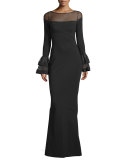 Long-Sleeve Ponte Illusion Gown, Black