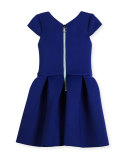 Cap-Sleeve Pleated Fit-and-Flare Ponte Dress, Blue, Size 7-16