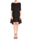 Half-Sleeve Eyelet Flutter Dress, Black