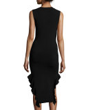 Sleeveless Stretch Crepe Ruffle-Trim Midi Dress, Black