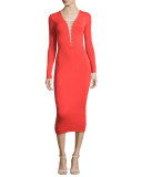 Long-Sleeve Laced Ponte Midi Dress, Scarlet