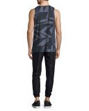 Misdirection-Print Sleeveless Tank, Indigo Multi