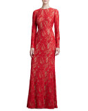 Long-Sleeve Lace Gown, Red 