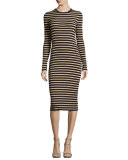 Metallic-Stripe Long-Sleeve Midi Dress, Maritime/Gold