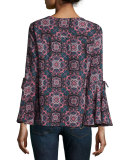 Cara Printed Bell-Sleeve Top, Dusty Rose