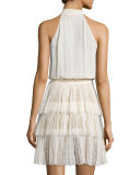 Sleeveless Tie-Neck Pleated Dress, Vanilla