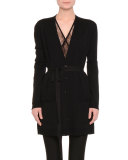 Long-Sleeve Lace-Inset Belted Cardigan, Black