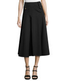 Button-Tab Flared Midi Skirt, Black