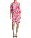 Libertad Leaf-Print Keyhole Tunic Dress, Red/Pink