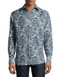 Paisley-Print Button-Down Shirt, Gray