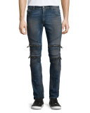 Vintage Dirty Slim-Fit Moto Denim Jeans, Blue