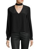 Klein Choker-Collar Silk Top, Black