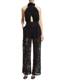 Halter-Neck Lace Jumpsuit W/Cutouts, Black