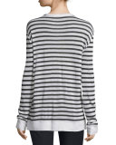 Long-Sleeve Striped Linen-Blend Top, Ink/Ivory