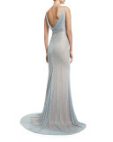 Sleeveless Beaded Cowl-Back Gown, Pale Blue