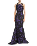 Halter-Neck Two-Tone Organza Gown, Violet/Black