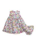 Botanical Flora Poplin Dress w/ Bloomers, Blue/Multicolor, Size 12-24 Months
