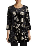 3/4-Sleeve Panne Velvet Tunic W/ Shimmer, Black