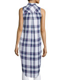 Jordyn Plaid Sleeveless High-Low Tunic, White/Navy/Orchid