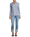 Striped Long-Sleeve Peplum Shirt, Blue Pattern