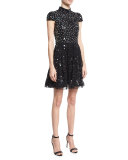 Maureen Cap-Sleeve Embellished Lace Cocktail Dress, Black