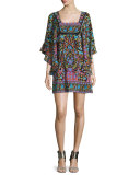 Flutter-Sleeve Mixed-Print Mini Dress, Black