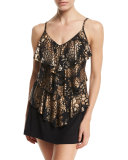 Rita Metallic Tiered Tankini Swim Top, Black/Gold, Plus Size