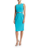 Sleeveless Pleated-Front Sheath Dress, Aqua