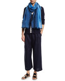 Wool/Silk Ikat Scarf w/ Pom-Poms, Bluebell
