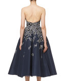 Floral-Embroidered Strapless A-Line Cocktail Dress, Indigo