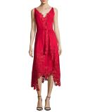 Sleeveless Silk Lace-Trim Midi Dress, Crimson