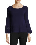 Diana Laser-Cut Long-Sleeve Top, Navy
