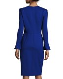 Long-Sleeve Stretch Crepe Sheath Dress, Iris