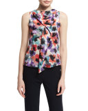 Sleeveless Draped Floral-Print Silk Blouse, Multi Colors