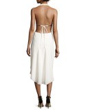 Metallic-Trim Stretch Crepe Halter Dress, Chalk/Gunmetal