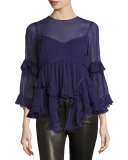 Melodie Tiered Silk Chiffon Top, Indigo