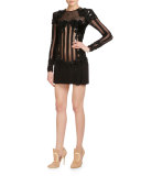 Long-Sleeve Embellished Dress W/Striped Detail, Black