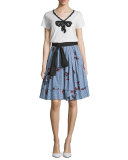 Short-Sleeve Sequined Bow Top, White