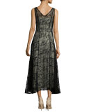 Phyllis Sleeveless Paneled Lace Midi Dress, Black/Brown